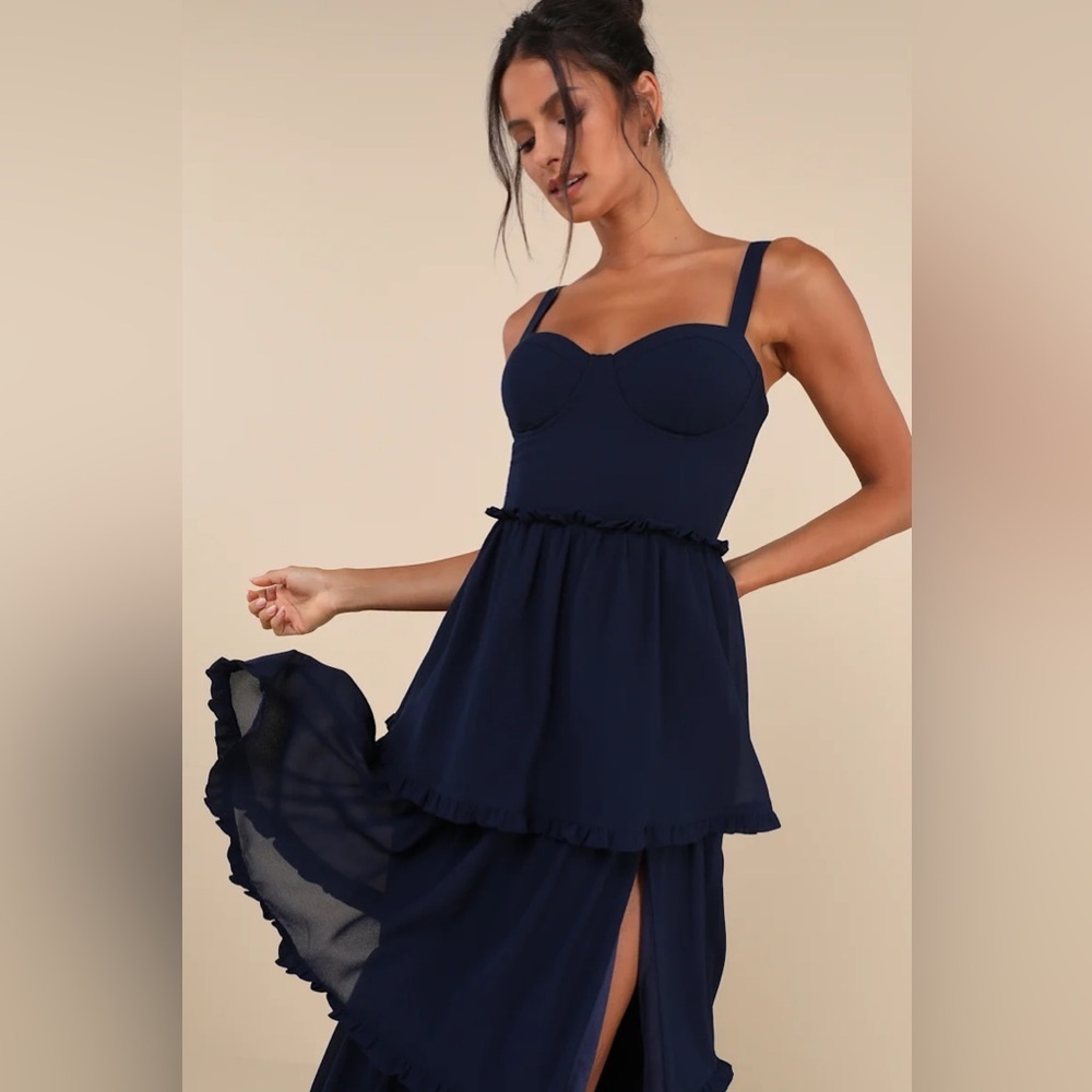 Lulus Sophisticated Occasion Navy Blue Bustier Lace-Up Maxi Dress - Picture 4 of 8